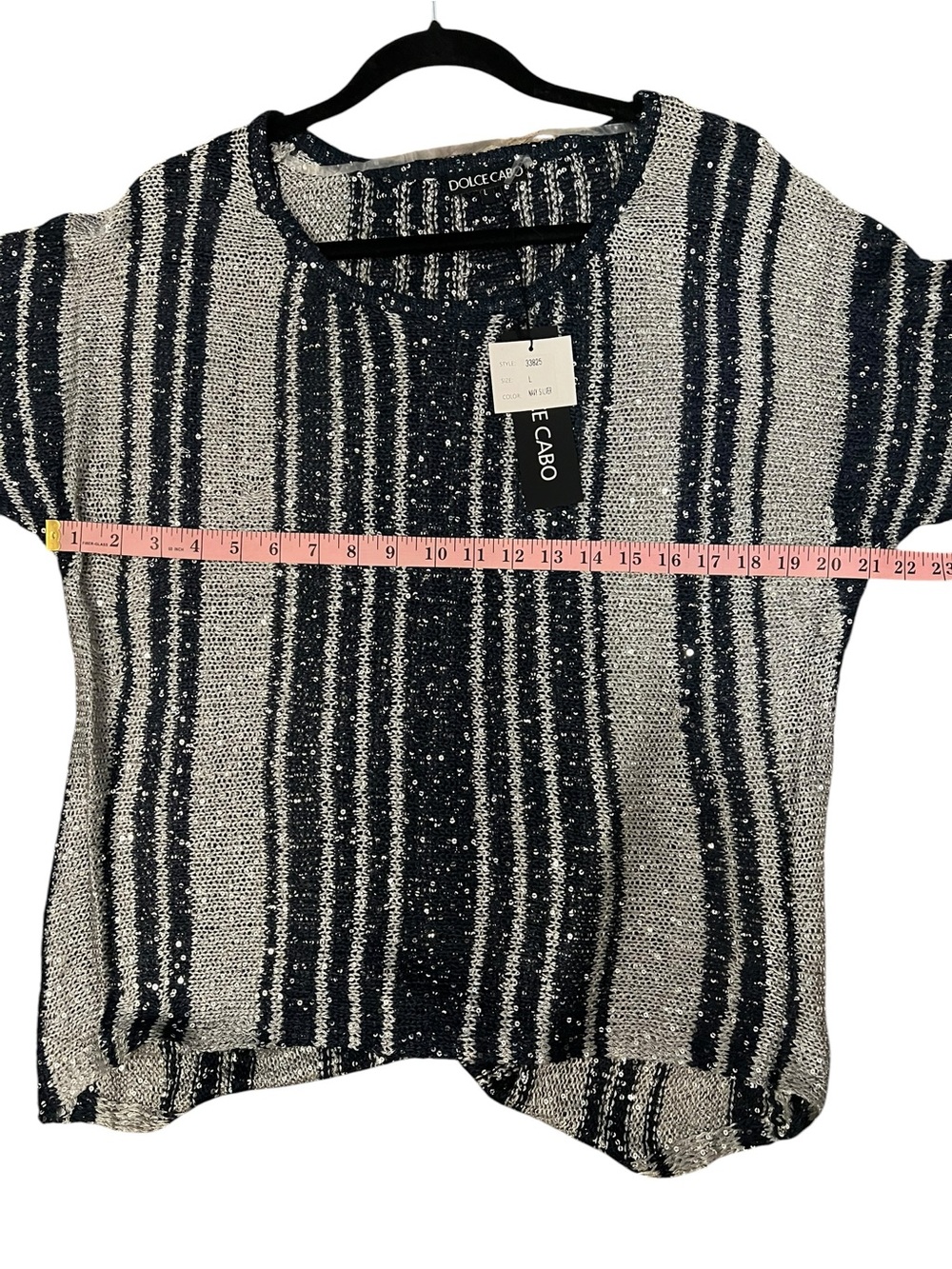 Dolce Cabo Navy and silver Striped Knit Tunic with sequins size L NWT - Picture 5 of 8